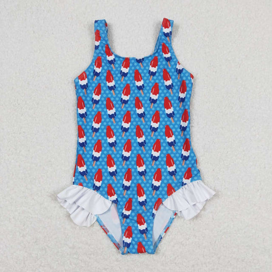 S0217 July 4th Ice Blue Sleeveless Girls Bathing Suits Swimsuit