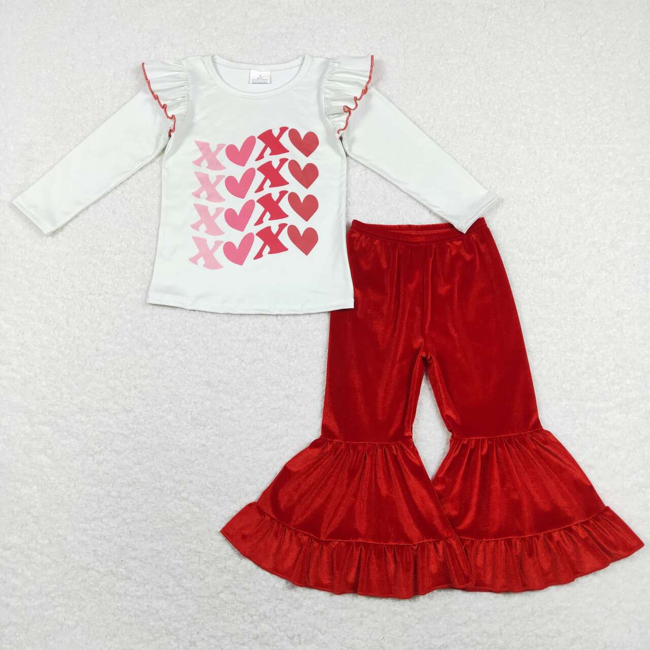 GLP1142 Valentine's Day XOXO Heart Long Sleeve Red Velvet Pants Girls Set