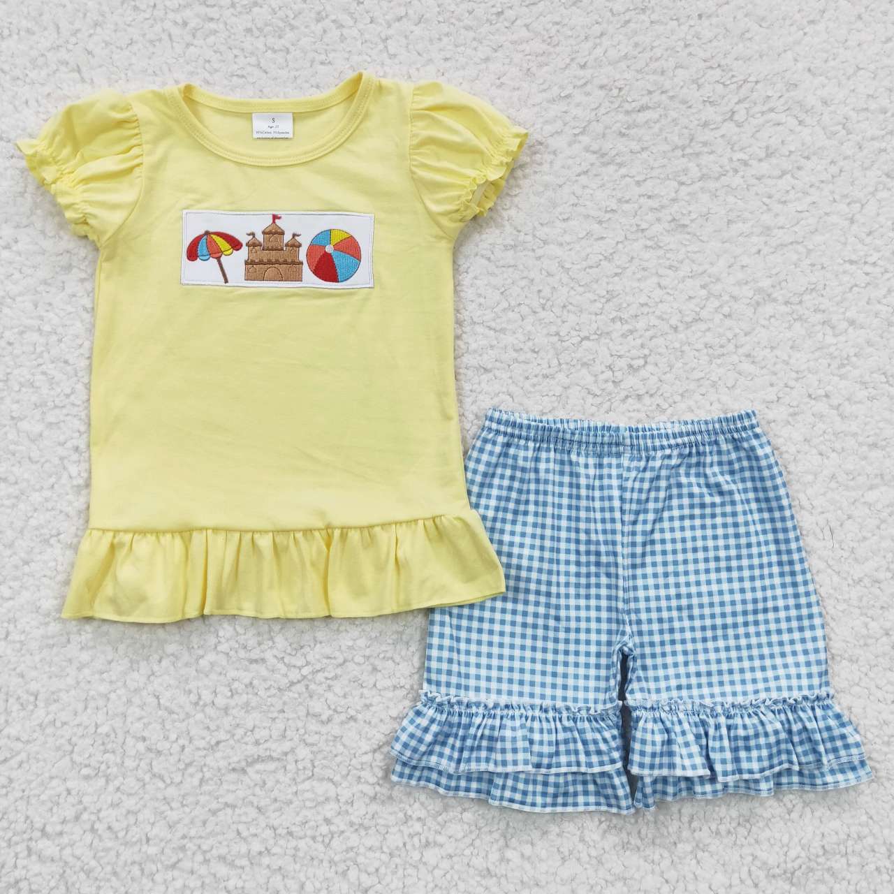 GSSO0276 Embroidery Sand Castle Yellow Sleeve Blue Cell Short Pants Girls Set