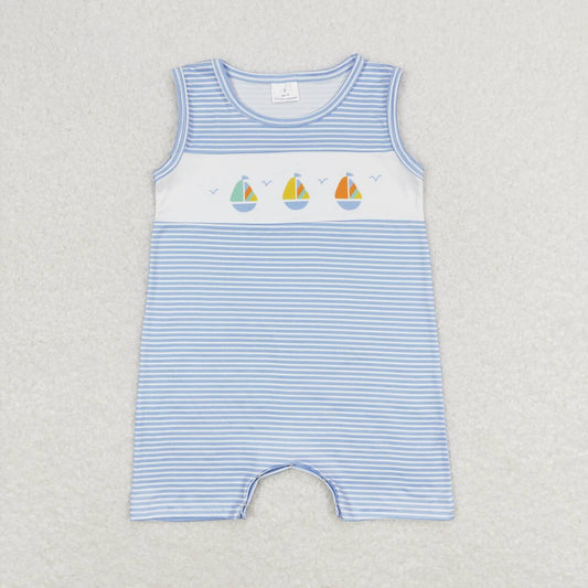 SR1059 Sailboat blue striped sleeveless boys romper