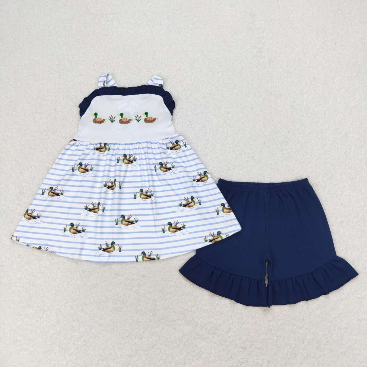 GSSO1189 embroidery mallard duck sleeveless dark navy shorts girls shorts set