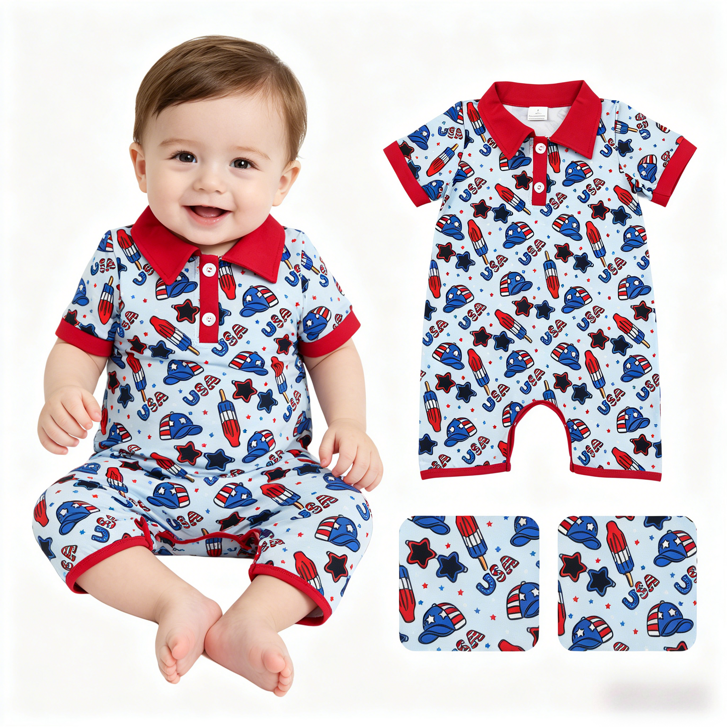 SR3874 July 4th Star USA Zipper Short Sleeve Boys Romper