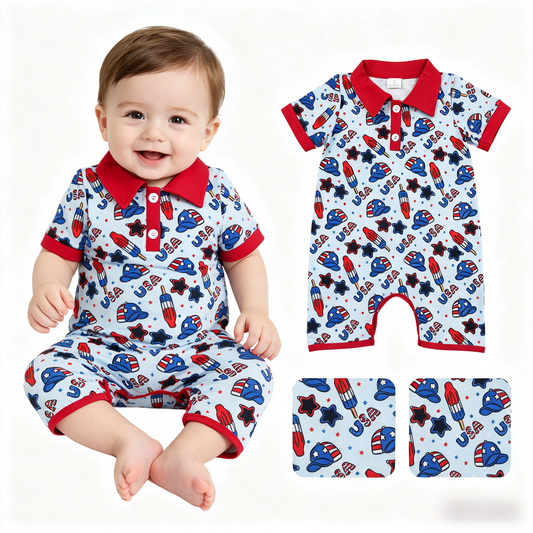 SR3874 July 4th Star USA Zipper Short Sleeve Boys Romper
