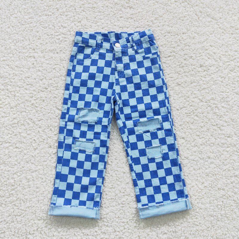 P0097 Blue Plaid Print Denim Jeans