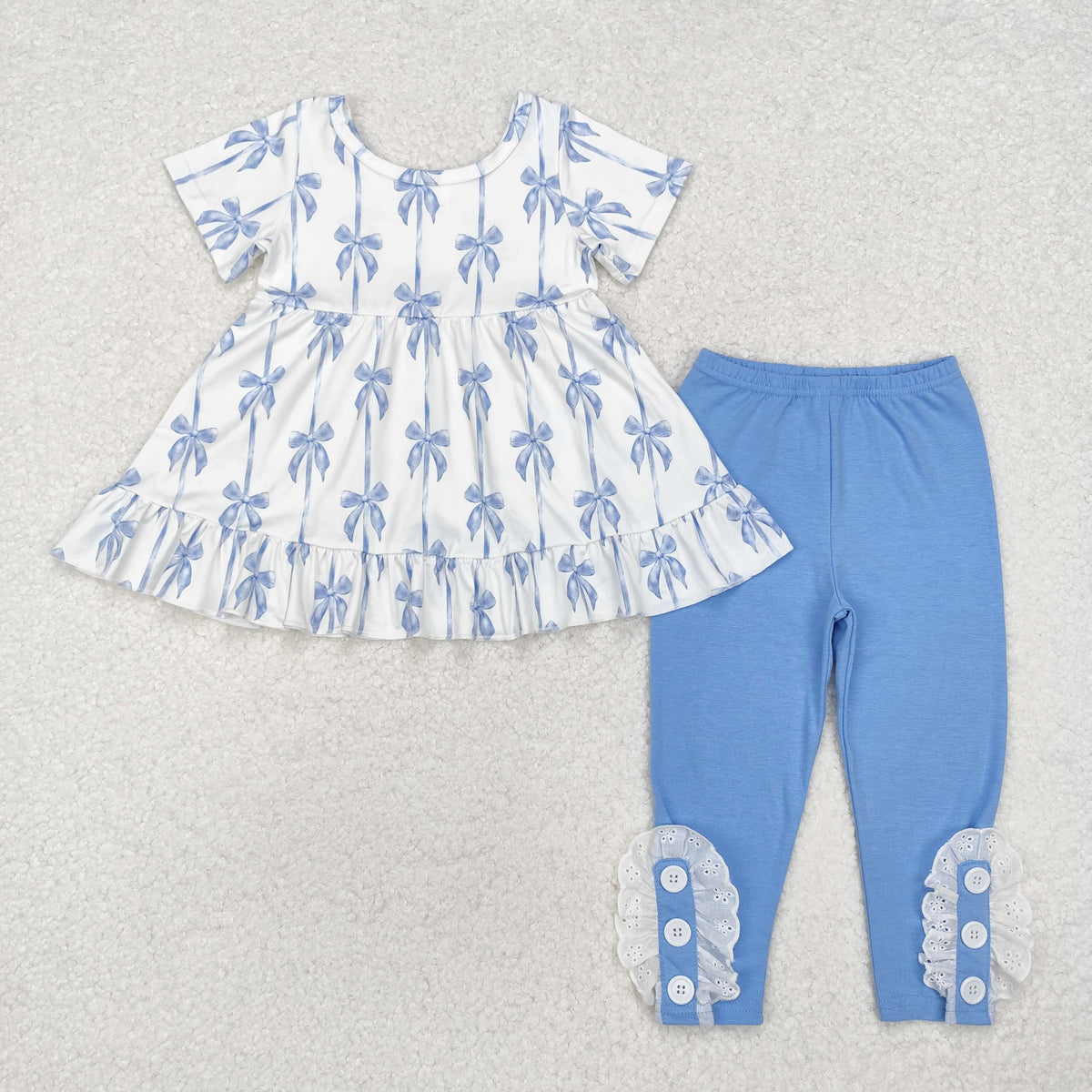 GSPO1688 blue bows short sleeve blue pants girls set