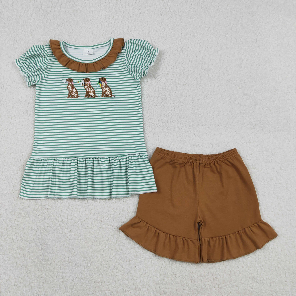Embroidery GSSO2793 hunting dog mallard duck green striped short sleeve brown shorts girls set