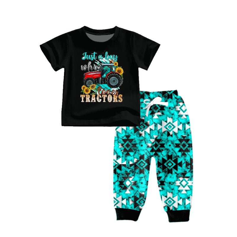 preorder BSPO0203 Just a boy tractor sunflower black short sleeve blue Aztec pants boys set