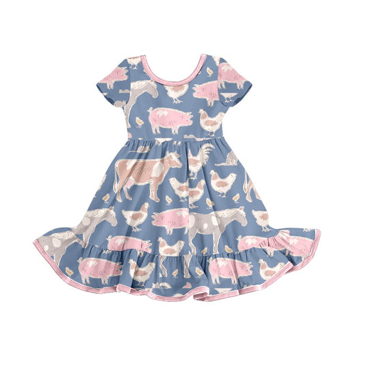 Preorder Farm Chick Cow Pig Blue Short Sleeve Girls Dress