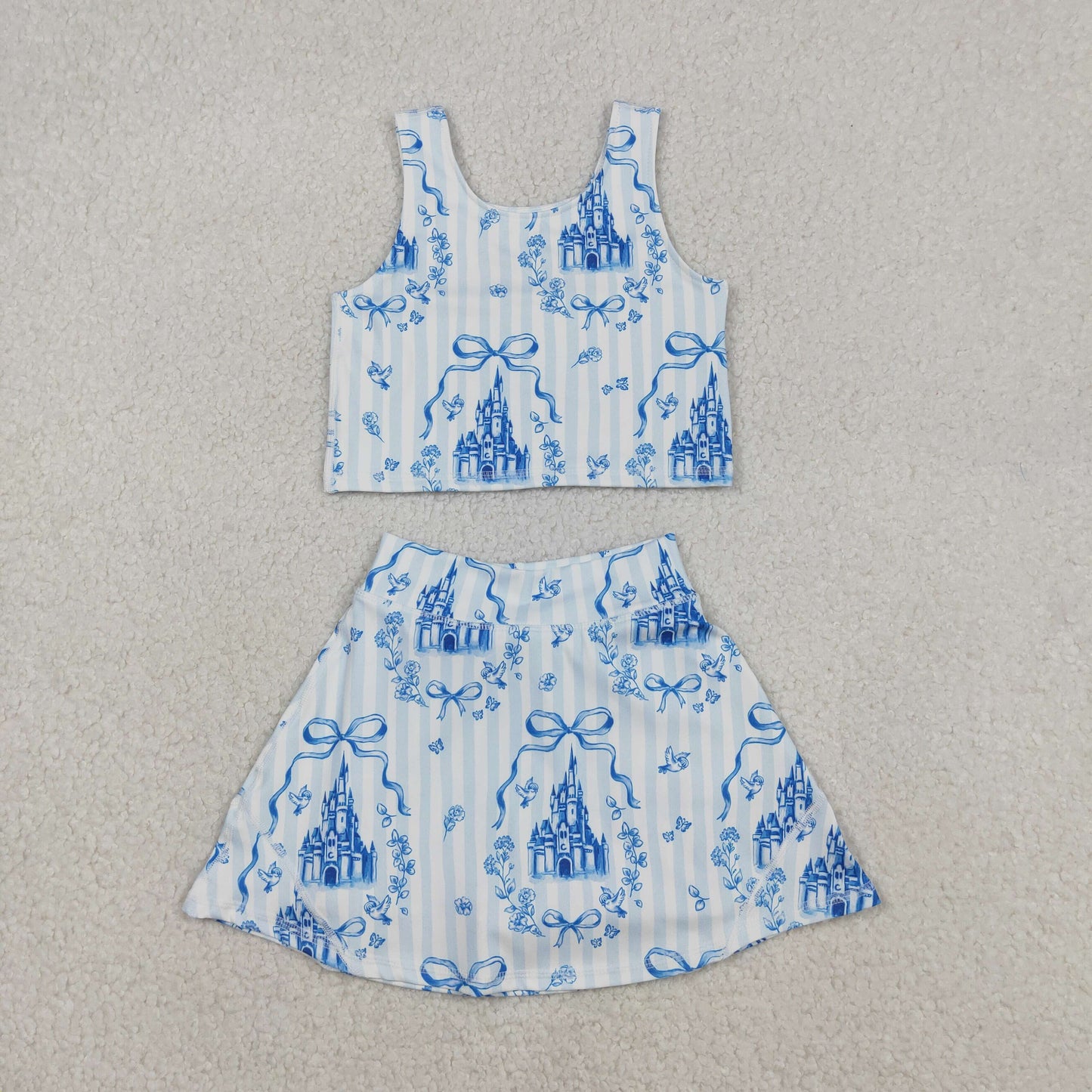 GSD3067 Yoga Blue Castles Bows Sleeveless Skorts Girls Set