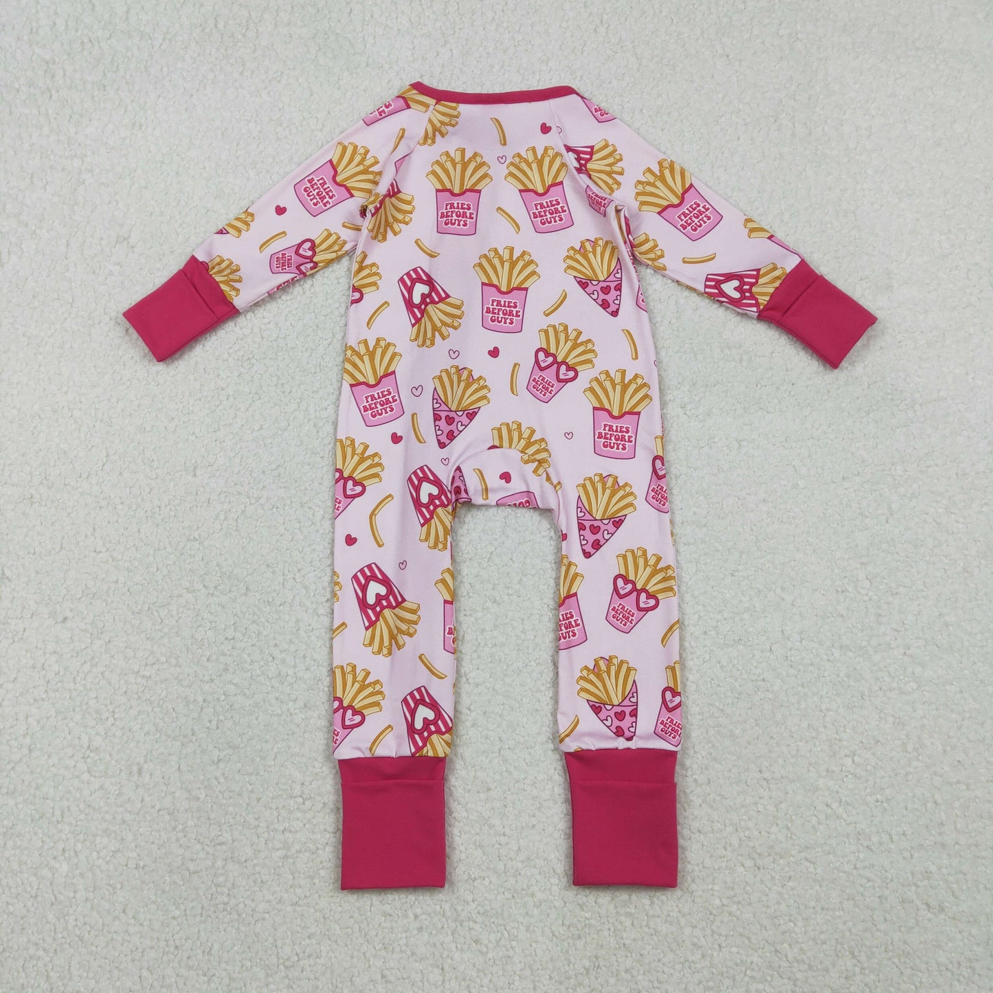 LR2843 Valentine's Day heart chips hot pink zipper long sleeve girls romper