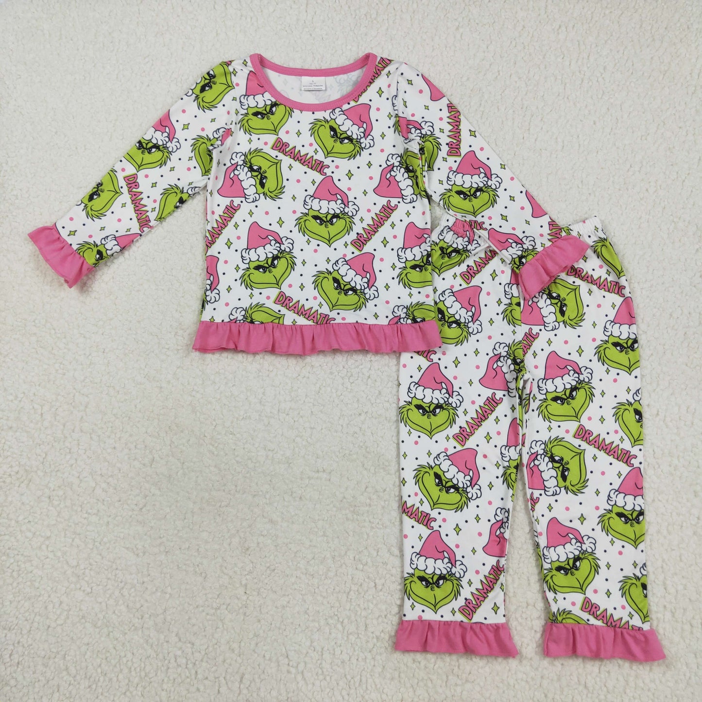 Custom moq 20 bamboo Christmas green face dramatic pink long sleeve pants girls pajamas