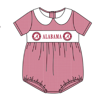 custom football ALABAMA red checkered short sleeve girls romper