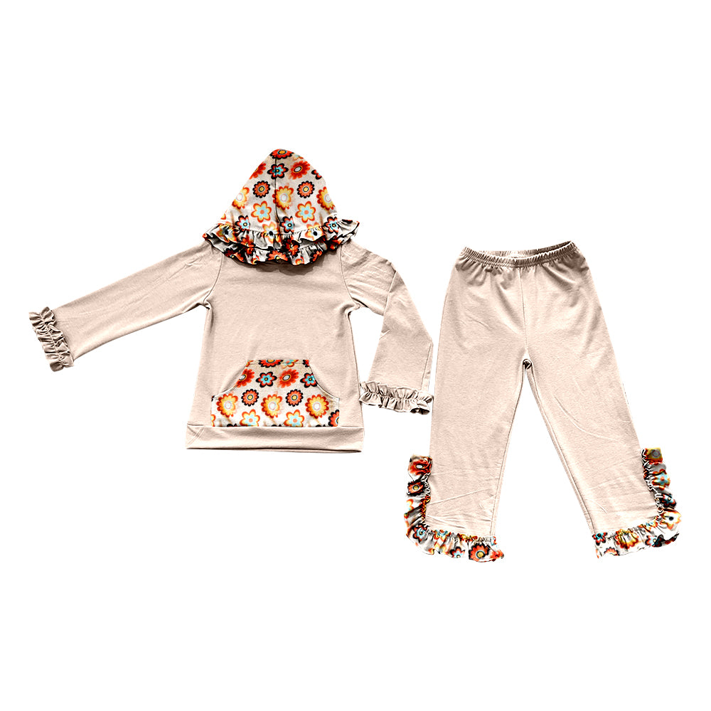 custom colorful flowers pocket hoodie long sleeve ruffles pants girls set