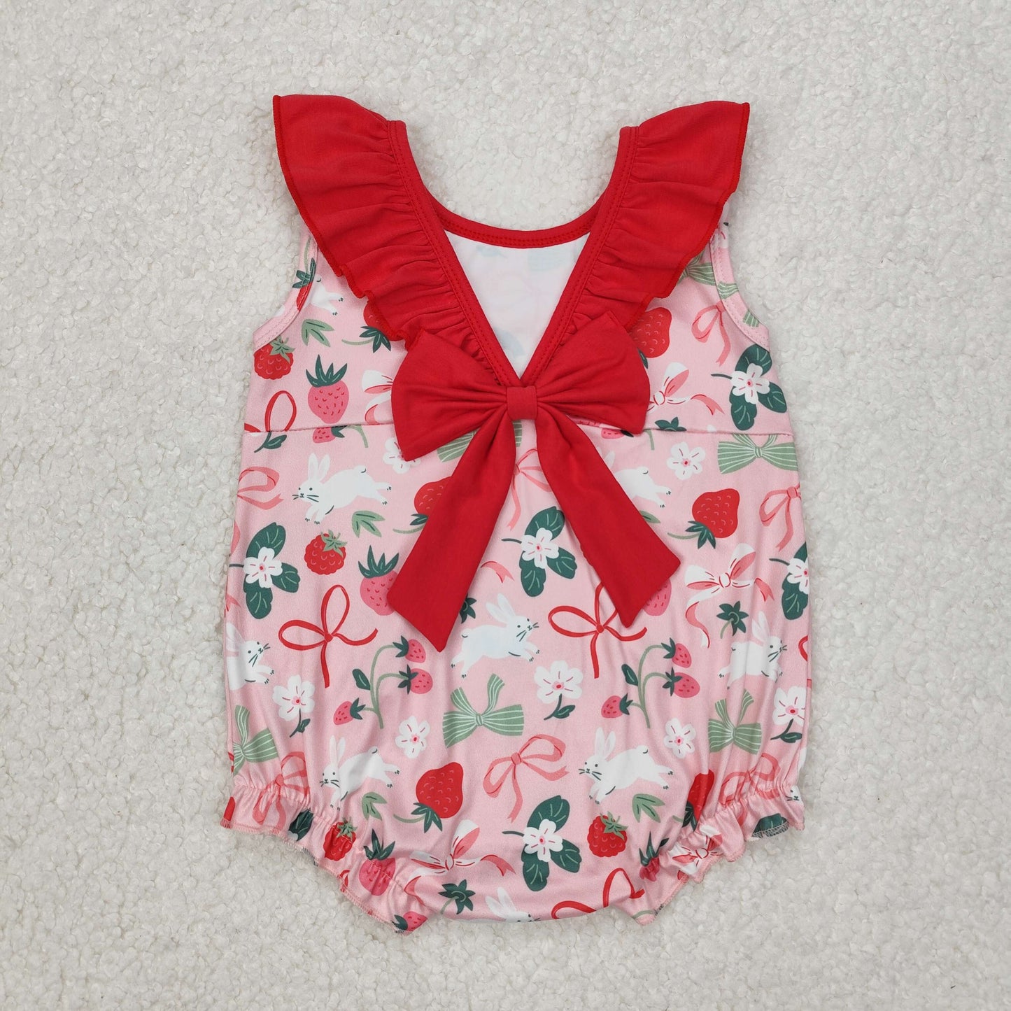 SR2582 Rabbit Strawberry Flower With Bow Red Girls Romper