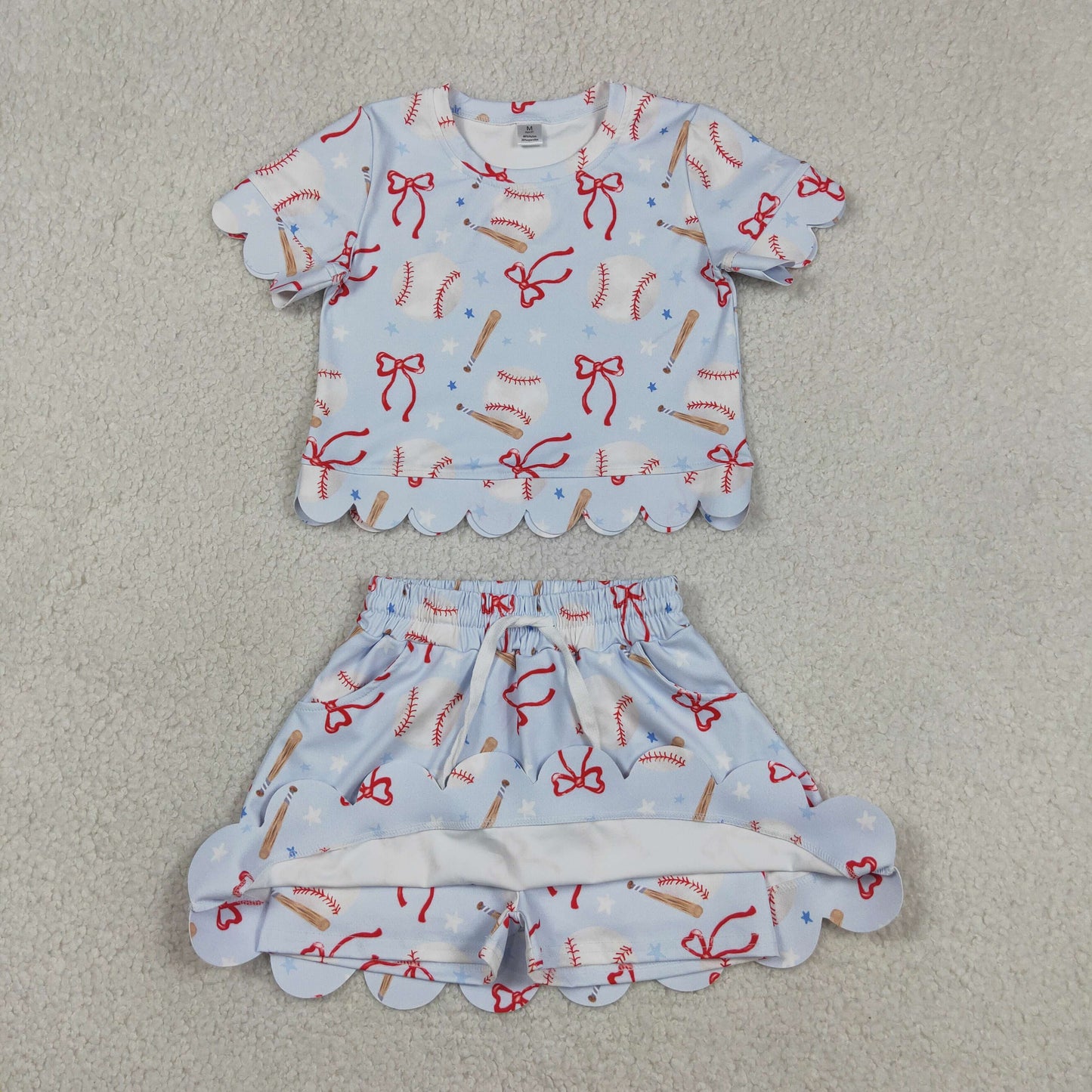 GSD3656 Yoga Baseball Bows Blue Short Sleeve Shorts Girls Set