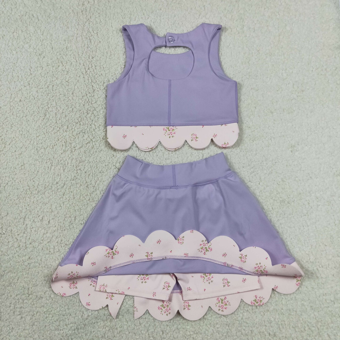 GSD3323 Yoga Solid Color Purple Sleeveless Bows Skorts Girls Set