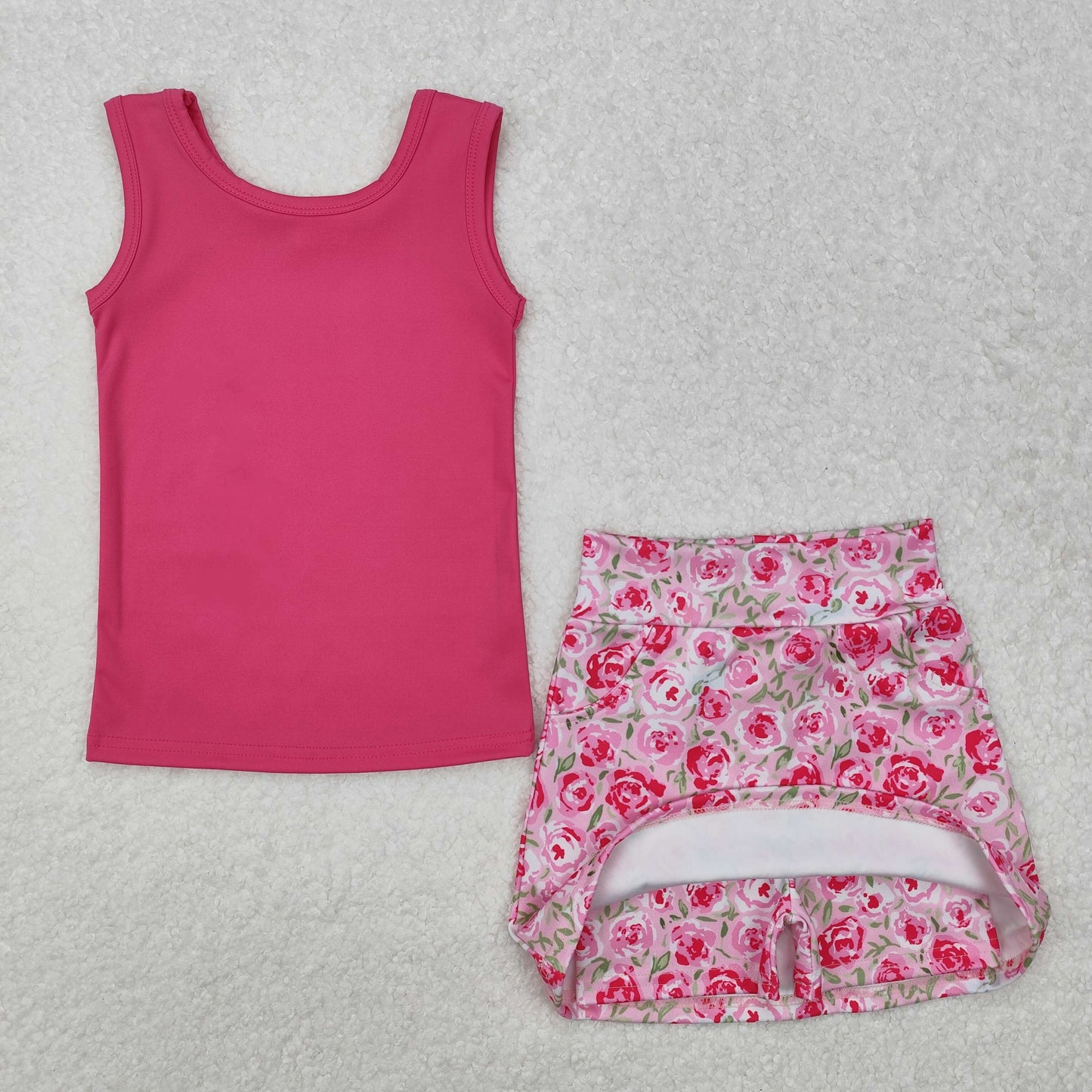 GSD1599 hot pink sleeveless hot pink flowers skirt with shorts girls yoga set