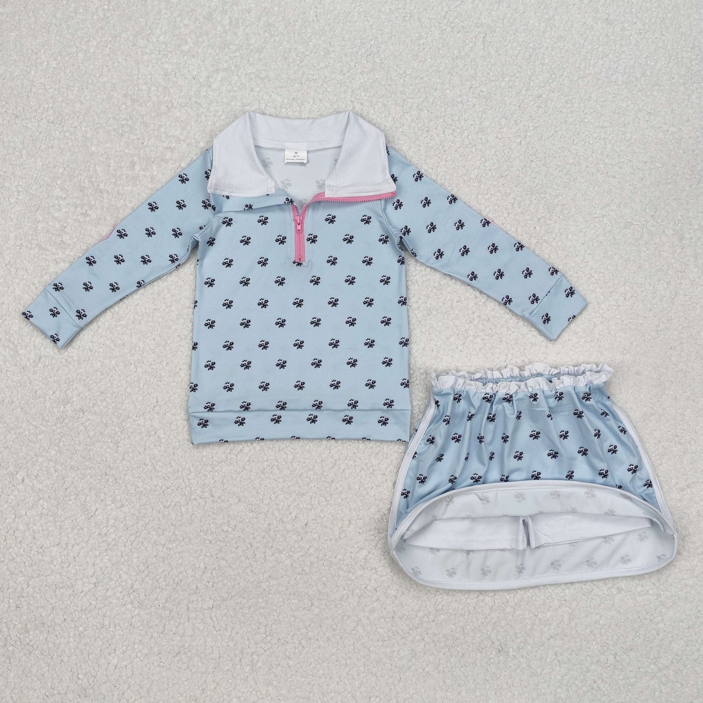 GLD0972 flowers floral blue long sleeve skirt girls set