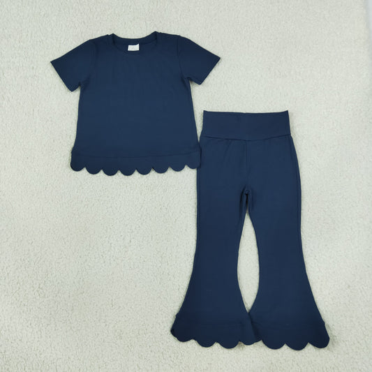 GSPO2343 Scallop Navy Blue Short Sleeve Pants Girls Set