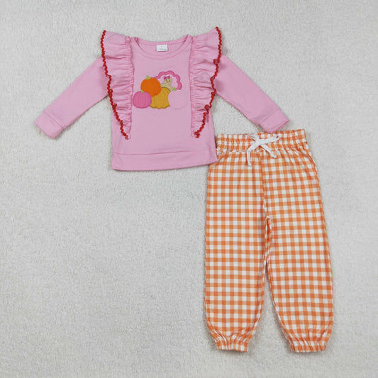 embroidery GLP2442 Thanksgiving turkey pumpkin pink long sleeve orange checkered pants girls set