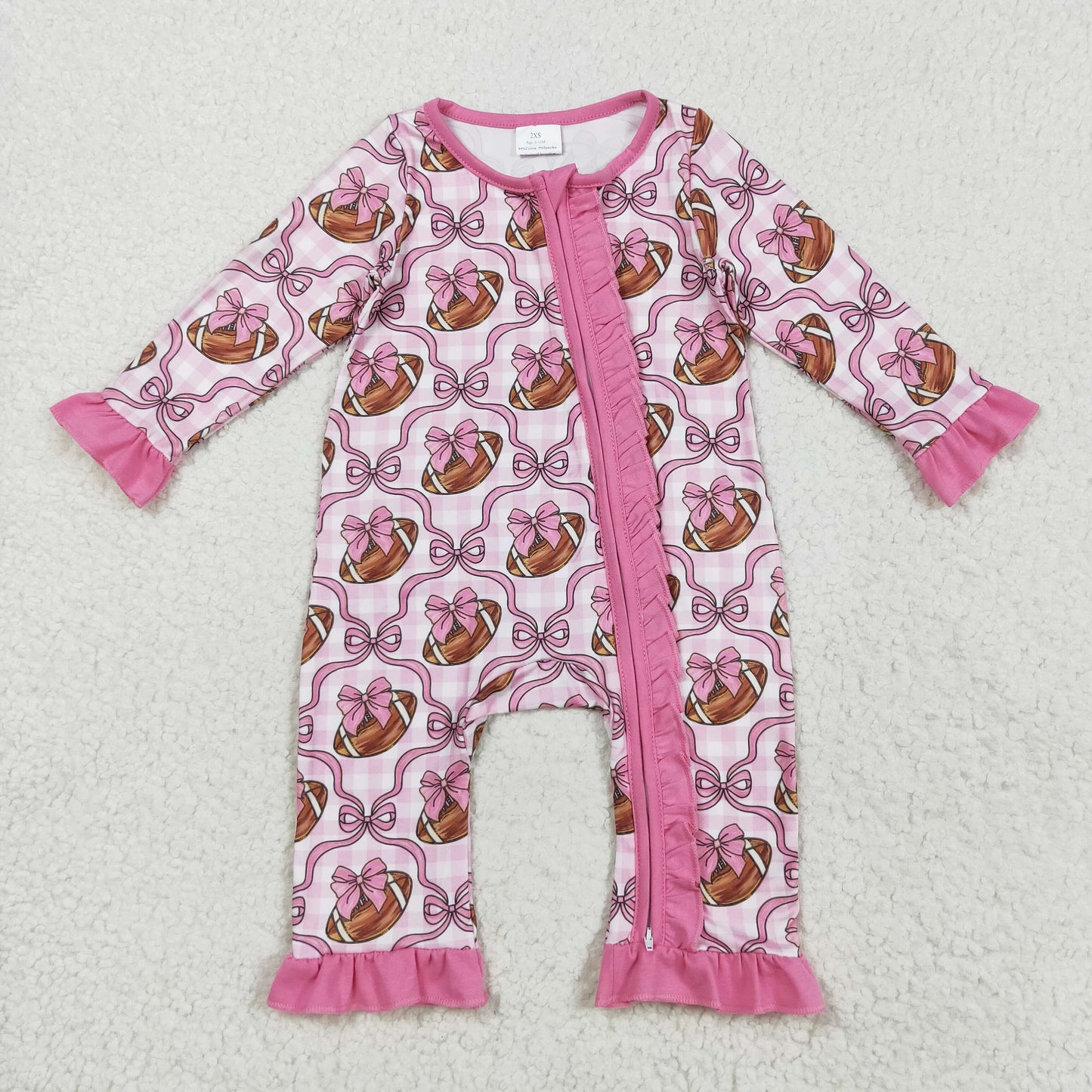 LR2361 football bows pink checkered long sleeve girls romper