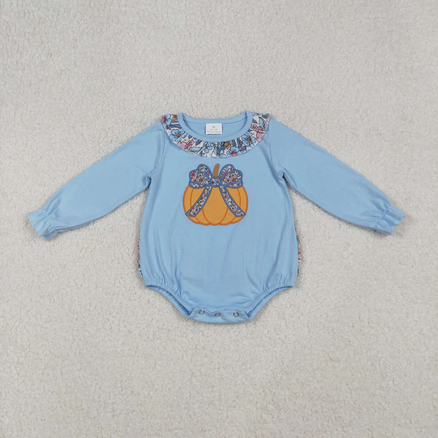 embroidery LR2441 Autumn pumpkin flowers blue long sleeve ruffles girls romper