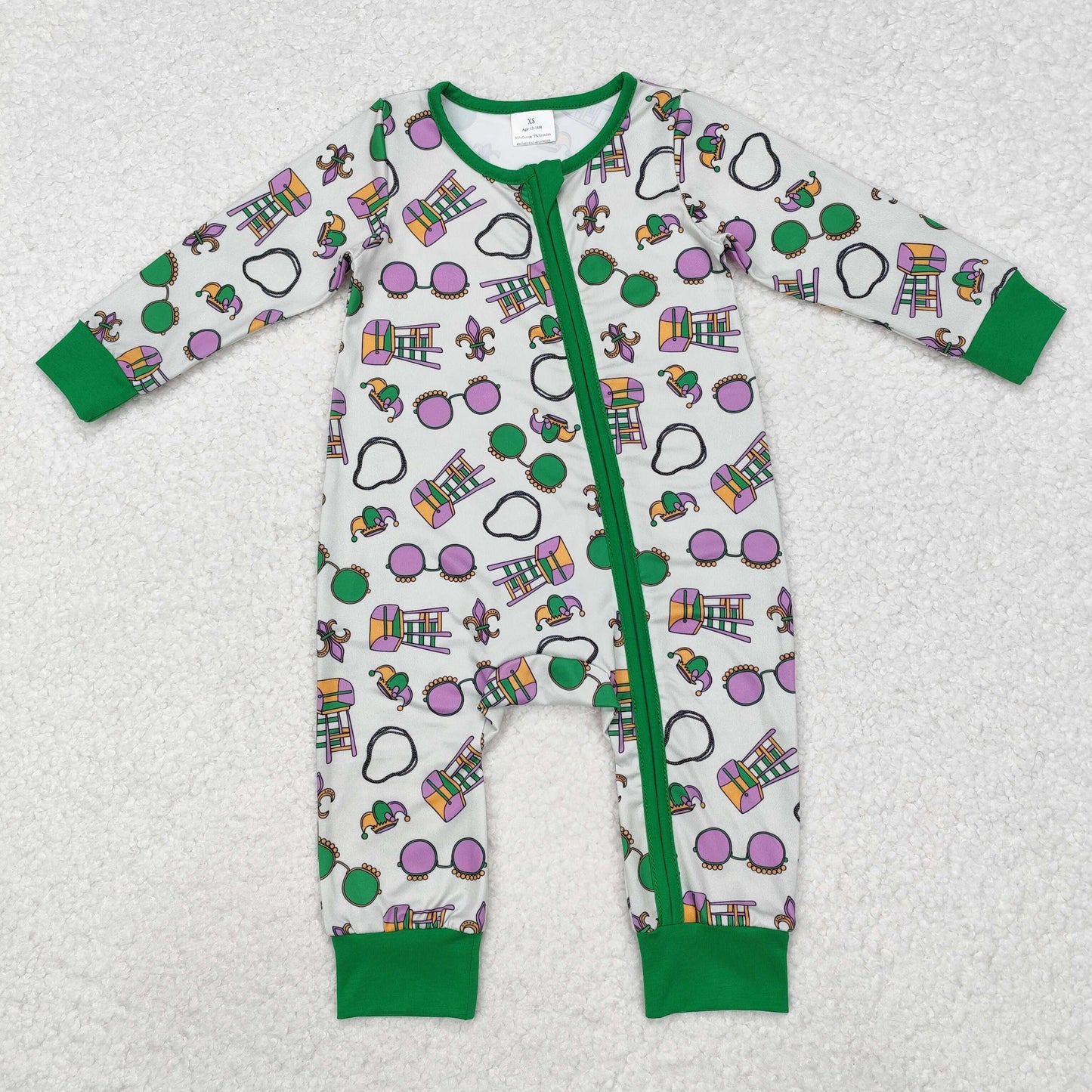 LR2039 Mardi Gras glasses green zipper long sleeve boys romper