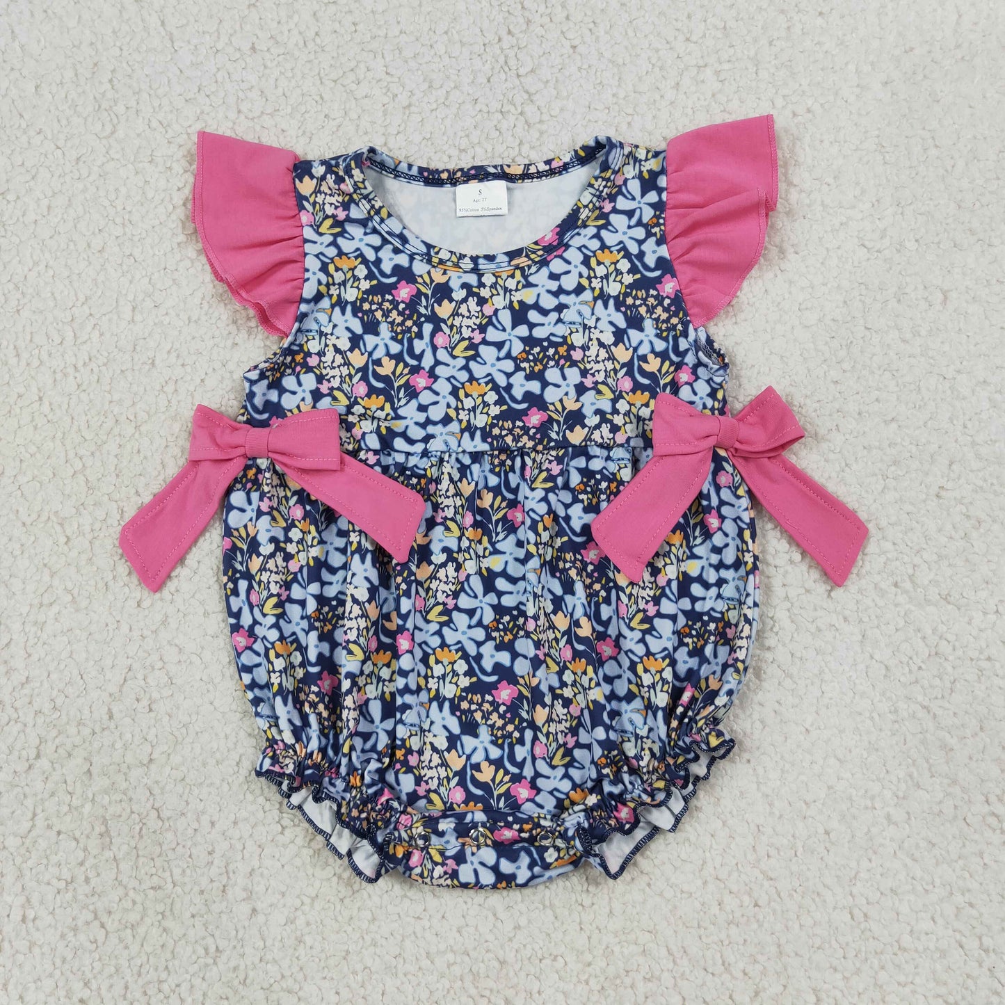 SR4126 Flowers Hot Pink Bows Flutter Sleeve Girls Romper