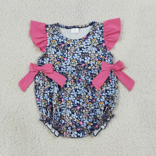 SR4126 Flowers Hot Pink Bows Flutter Sleeve Girls Romper
