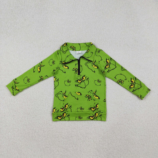 GT1170 Christmas green face zipper pocket long sleeve girls top