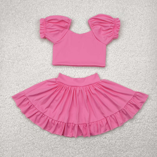 GSD2102 yoga pink short sleeve skirt with shorts girls set