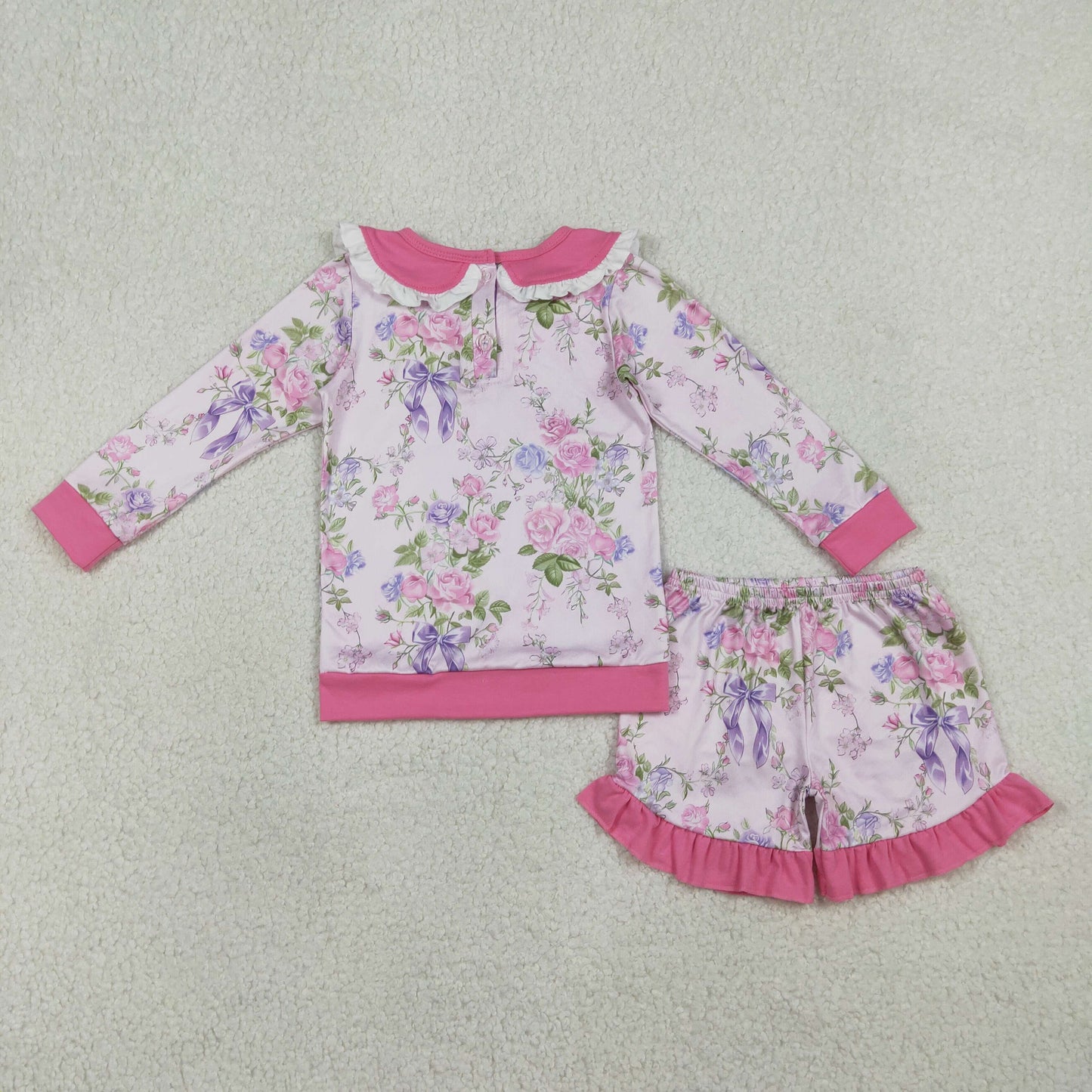GLS0082 Flowers Bows Pink Long Sleeve Shorts Girls Set