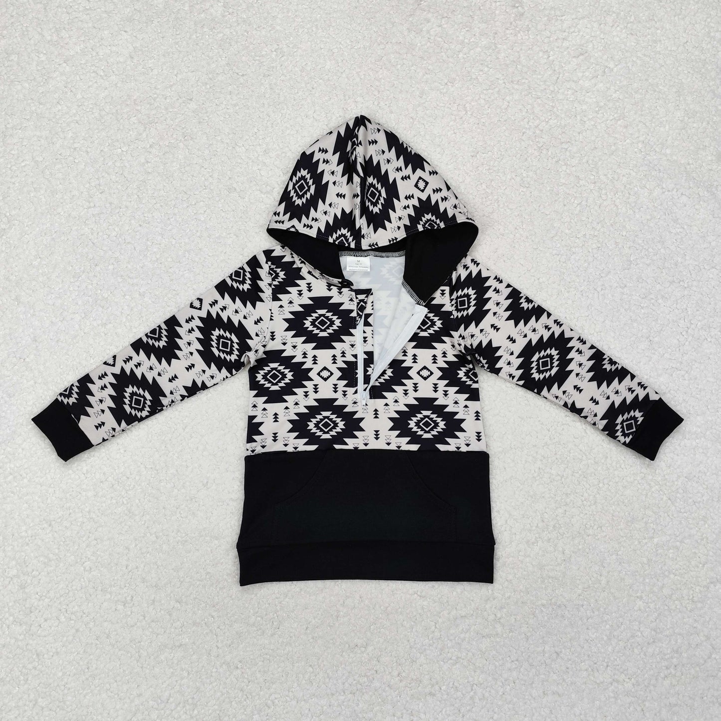 BT0907 Western Aztec black pocket hoodie zipper long sleeve boys pullover