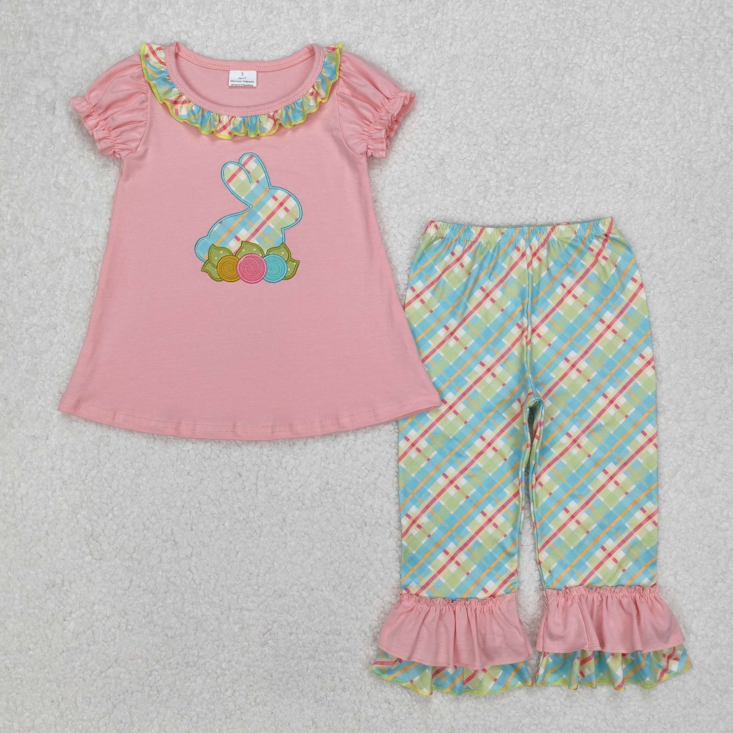 GSPO0974 Easter rabbit pink short sleeve colorful print pants girls set