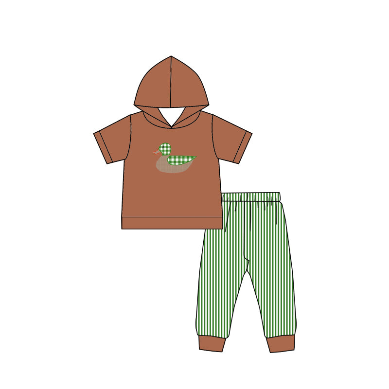 preorder BSPO0179 Mallard brown hoodie short sleeve green striped pants boys set