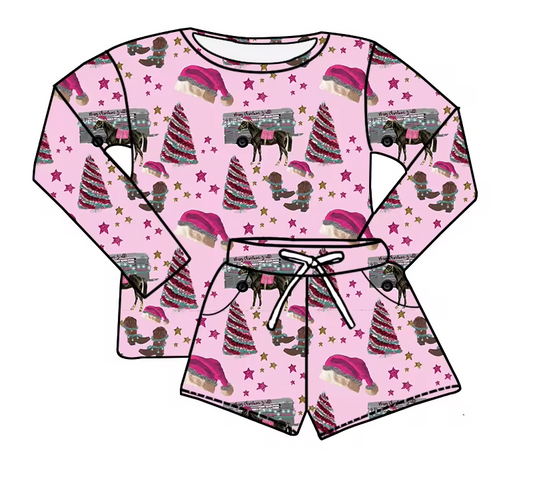 custom style Christmas tree hat hot pink long sleeve shorts kids set