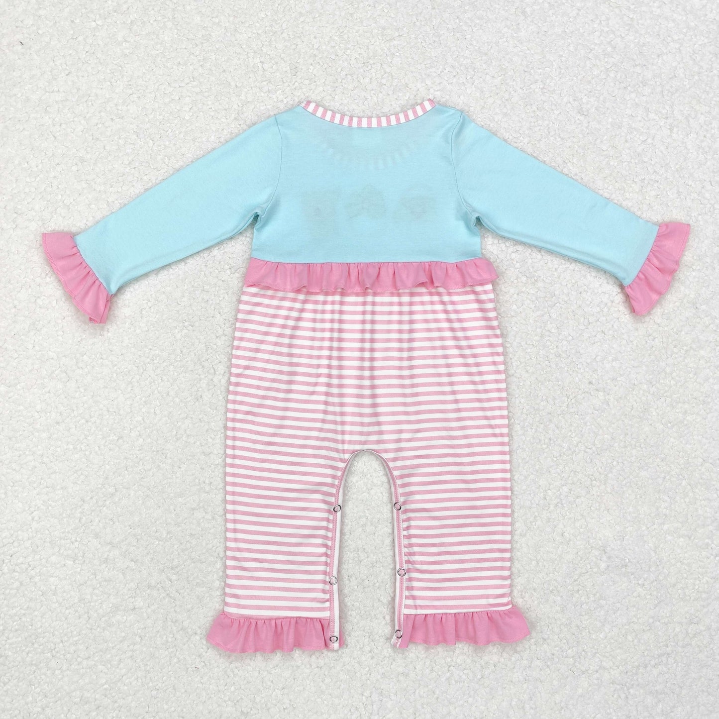 embroidery LR1476 Christmas Santa deer pink striped blue long sleeve girls romper