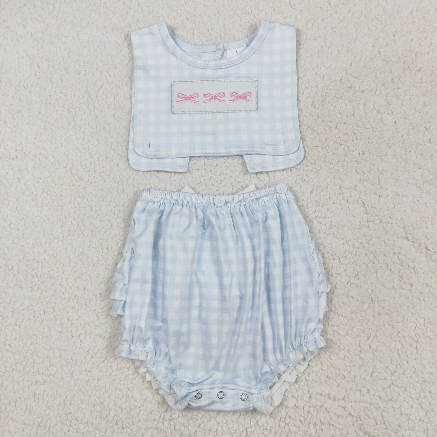 SR2203 Embroidery pink bows blue checkered sleeveless girls romper