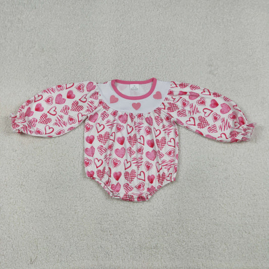 Embroidery LR2767 Valentine's Day heart pink long sleeve girls romper