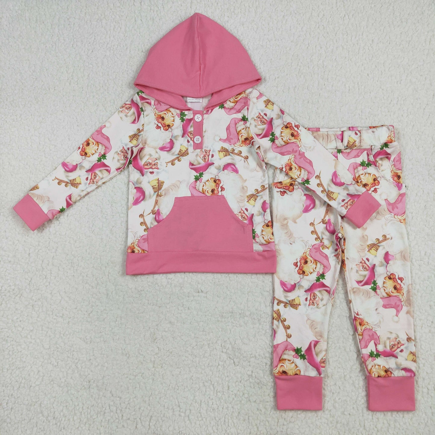 GLP2474 Christmas Santa pink pocket long sleeve hoodie pants girls set