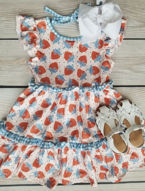 preorder GSD0532 Strawberry flutter sleeve blue ruffles girls dress