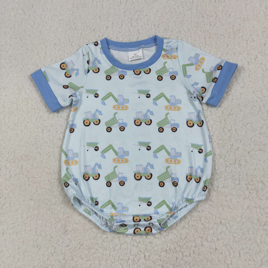 SR3142 cartoon construction truck blue short sleeve boys romper
