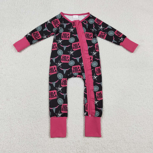 LR2962 Western Wild Child Turquoise Hot Pink Zipper Long Sleeve Girls Romper
