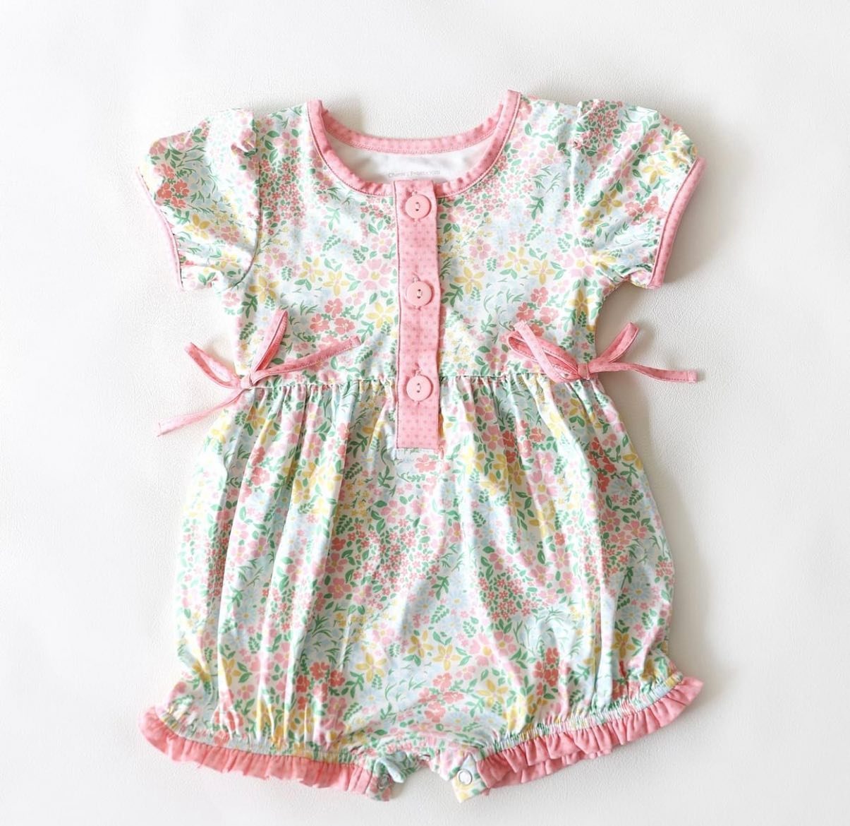 preorder Pink Flowers Bow Short Sleeves Kids Romper