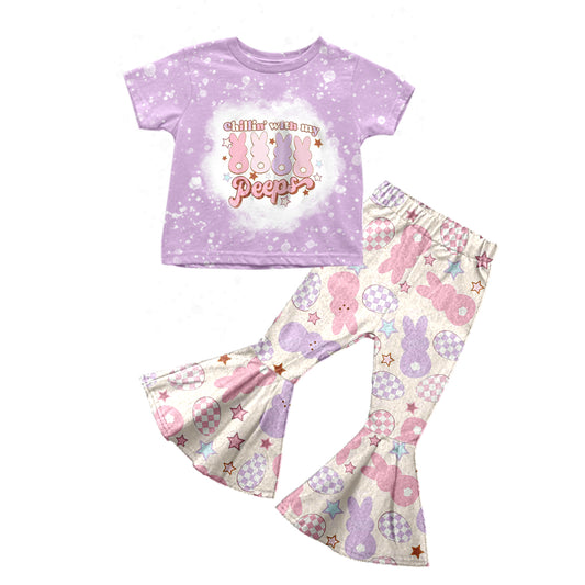 preorder GSPO1023 Easter rabbit peeps purple short sleeve pants girls set