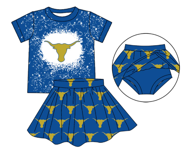 Custom Moq 5 football team Western cow blue short sleeve skirt skorts girls set