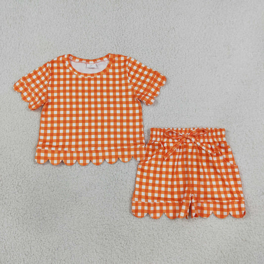 GSSO3839 Scallop Orange Checkered Short Sleeve Shorts Girls Set