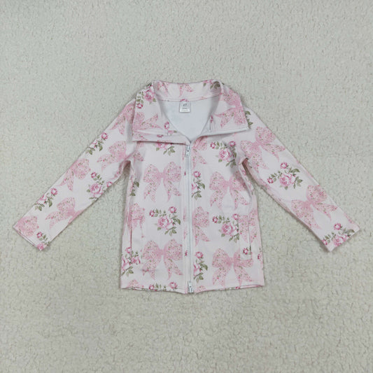 GT1075 yoga pink flowers bows long sleeve zipper girls coat
