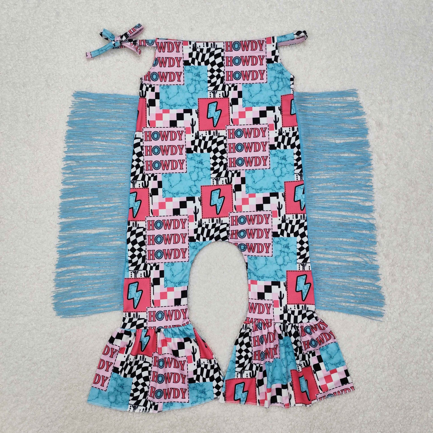 SR2090 Western howdy turquose pink cactus girls jumpsuits