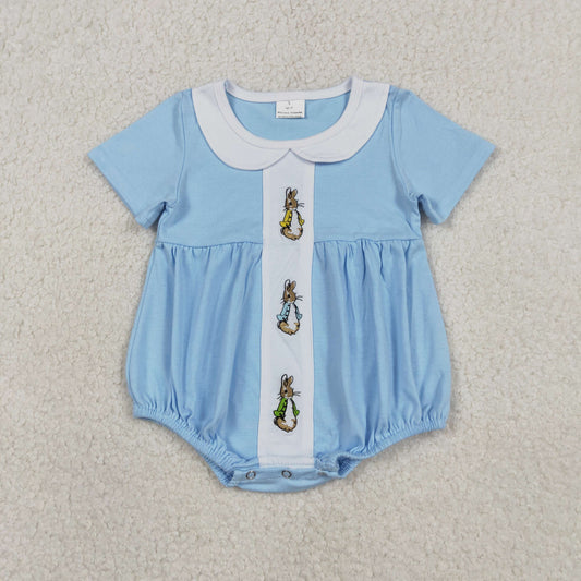 embroidery SR3383 Easter bunny rabbit blue short sleeve boys romper